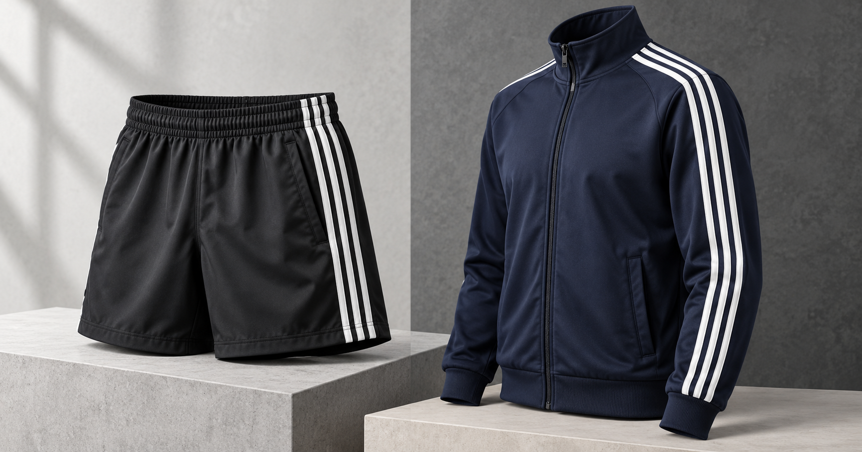 Illustrative three-stripe shorts and four-stripe jacket comparison